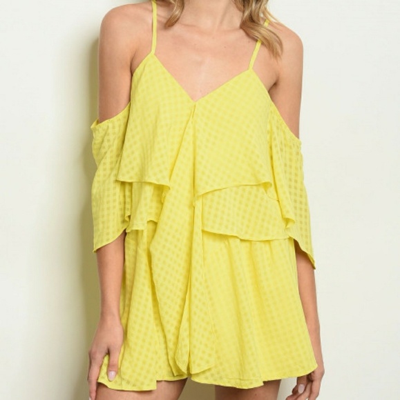 VNTG Yellow  V Neck Ruffled Romper Short - Picture 2 of 5